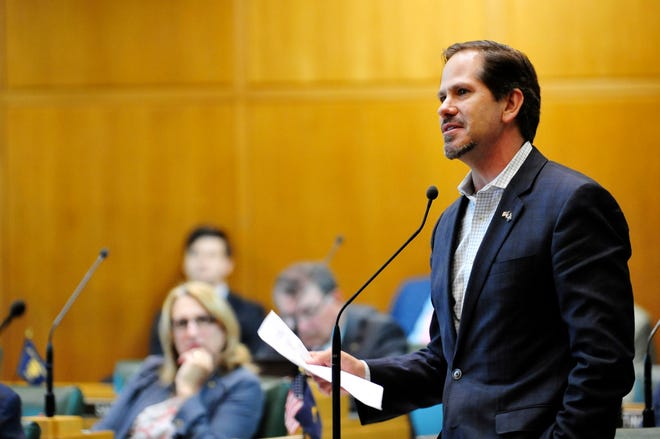 Oregon Republican Rep. Knute Buehler speaks in the House chamber during a special legislative session in Salem. [Tom James/The Associated Press, May 21, 2018]