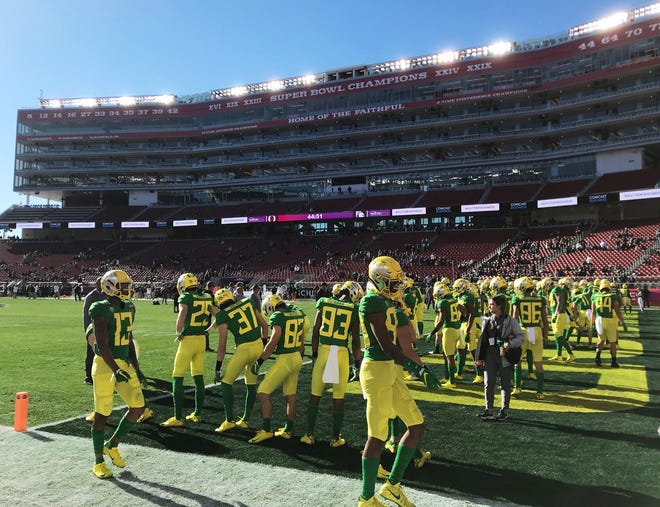 Oregon plays Utah in the Pac-12 championship on Friday at Levi's Stadium, but the forecast calls for rainy, windy conditions instead of the sunshine the Ducks enjoyed at the 2018 Redbox Bowl. [Ryan Thorburn/The Register-Guard]