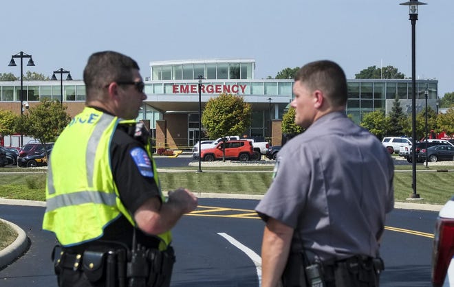 Police close off the entrances to Diley Ridge Medical Center in Canal Winchester while they investigate the scene where a pickup truck drove through the front entrance of the emergency department entrance of the medical center at around 9:45am on Friday, September 13, 2019. Two people were killed and one injured in the incident. [Matthew Hatcher/For The Columbus Dispatch]