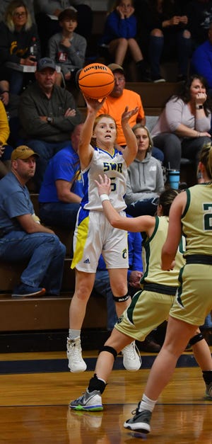 Heaven Maness for three of her scintillating 44 points Wednesday night at Jack Castelloe Gymnasium. Maness set a new scoring mark at SWR with that performance in the win [PAUL CHURCH/THE COURIER-TRIBUNE]