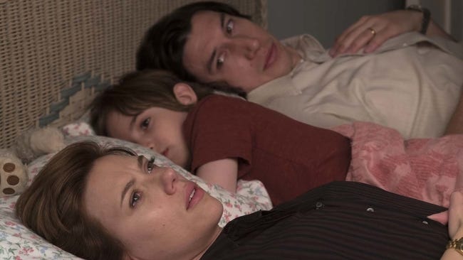 Scarlett Johansson, Azhy Robertson and Adam Driver star in "Marriage Story." [Netflix]