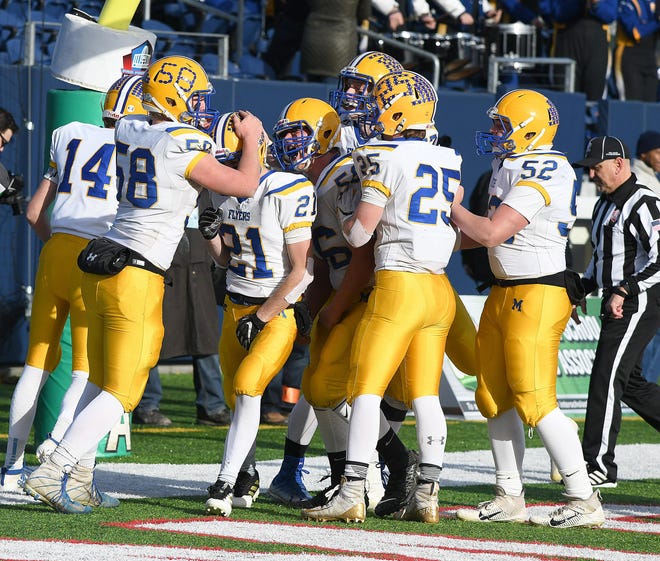 Maria Stein Marion Local running back Dylan Heitkamp (21) scores the Flyers' first touchdown in the OHSAA Division VII State Football Final game at Tom Benson Hall of Fame Stadium in Canton, Dec. 7, 2019. (CantonRep.com / Ray Stewart)