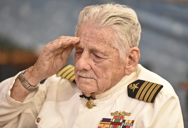 Retired Navy Captain Robert O'Neill of Bradenton, Fla., a Pearl Harbor survivor, shared some of his memories of Japan's sneak attack in 2016 at the 75th anniversary of the attack. He spoke at Sarasota's VFW Post #3233. [Herald-Tribune/ Thomas Bender]