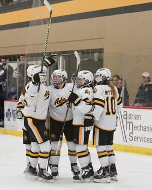 Adrian College women's hockey celebrates a goal during a game Saturday against Aurora. Telegram photo by Mike Dickie