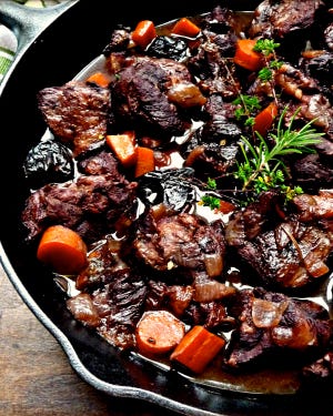 Try this wine- and brandy-laced stew on a cold day. [LYNDA BALSLEV PHOTO]