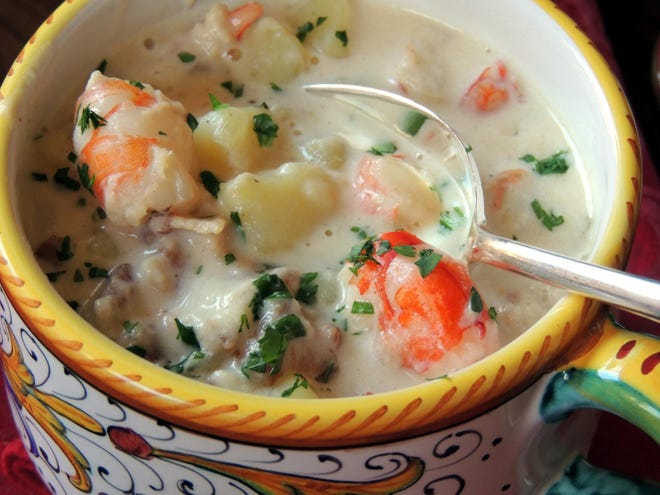 Sumptuous, warming Lowcountry Shrimp Chowder will cheer a party of carolers even without the traditional Wassail Bowl or Hot Cider. [Damon Lee Fowler/for Savannah Morning News]