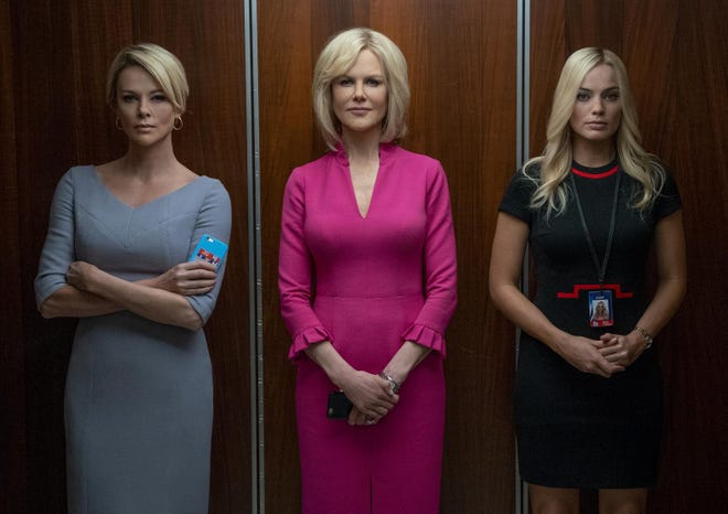 This image released by Lionsgate shows Charlize Theron, from left, Nicole Kidman and Margot Robbie in a scene from "Bombshell." On Wednesday, Dec. 11, 2019, the cast of "Bombshell" was nominated for a SAG Award. Theron was also nominated for best actress and Kidman and Robbie were nominated for supporting actress. (Hilary B. Gayle/Lionsgate via AP)