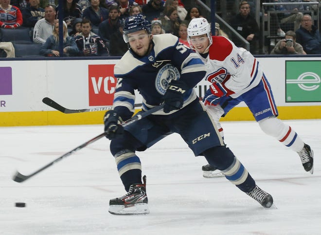 Blue Jackets forward Emil Bemstrom was injured during a game against the Florida Panthers on Saturday. [Adam Cairns/Dispatch]