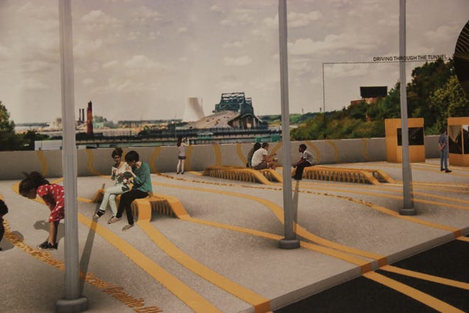A rendering of a possible redesign of Gromada Plaza was created by a group of RISD students and presented to Fall River residents Wednesday evening.