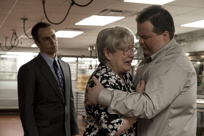 Attorney Watson Bryant (Sam Rockwell), left, and bombing suspect Richard Jewell (Paul Walter Hauser) with Jewel’s mother (Kathy Bates) in “Richard Jewell” [Warner Bros. Pictures]