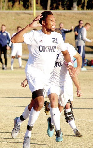 OKWU’s Khesanio Hall celebrates scoring a goal. Mike Tupa/Examiner-Enterprise