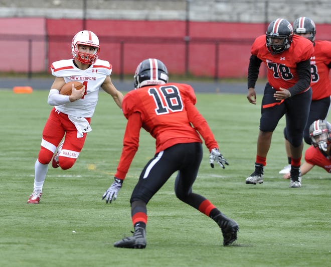 Ethan Medeiros could dominate games with his legs or his arm, which helped him lead New Bedford to its best record in two decades and earned him 2019 Offensive Football Player of the Year honors. [DAVID W. OLIVEIRA/STANDARD-TIMES SPECIAL/SCMG]