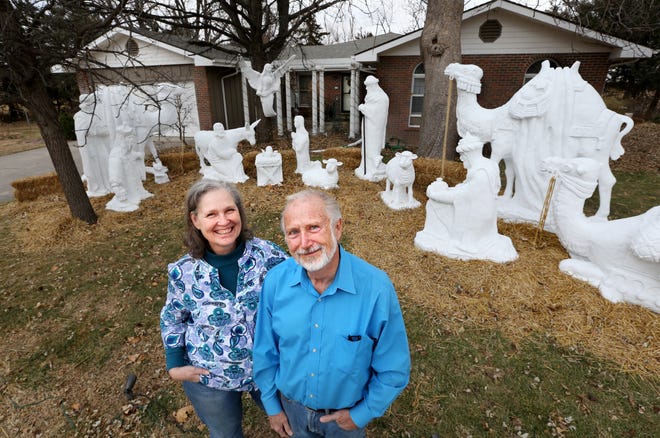 Larry and Debbie Jones are happy to share their life-sized nativity that Larry created out of Styrofoam and a concrete shell at their home in Lewis. [Sandra J. Milburn/HutchNews]
