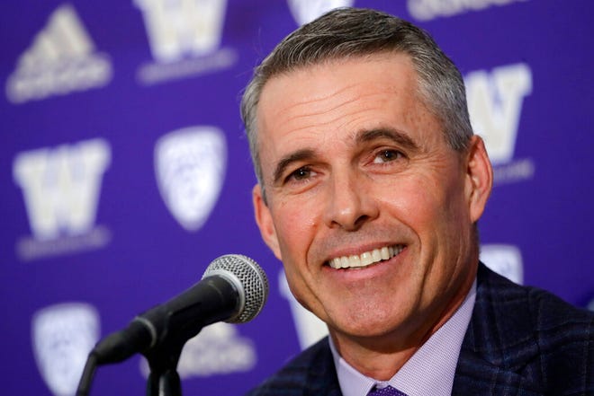 Washington NCAA college football head coach Chris Petersen speaks at a news conference about his decision to resign at the end of the season, Tuesday, Dec. 3, 2019, in Seattle. Petersen unexpectedly resigned on Monday, a shocking announcement with the Huskies coming off a 7-5 regular season and bound for a sixth straight bowl game under his leadership. Petersen will coach Washington in a bowl game, his final game in charge. Defensive coordinator Jimmy Lake is being promoted to head coach. (AP Photo/Elaine Thompson)