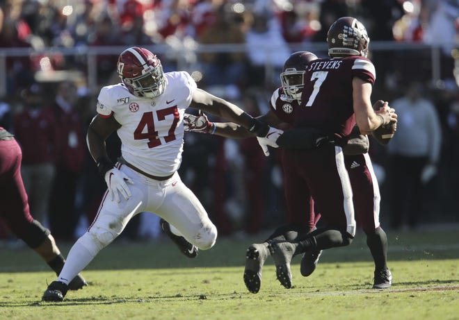 Alabama defensive lineman Byron Young (47) puts pressure on Mississippi State quarterback Tommy Stevens (7) during the second half Saturday, Nov. 16, 2019 in Starkville. [Staff Photo/Gary Cosby Jr.]