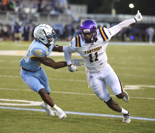 Southern University cornerback Tamaurice Smith, left, tries to slow down Prairie View A&M wide receiver Tristen Wallace during their game Oct. 12 at Mumford Stadium in Baton Rouge, Louisiana. [Travis Spradling/The Advocate (Baton Rouge)]