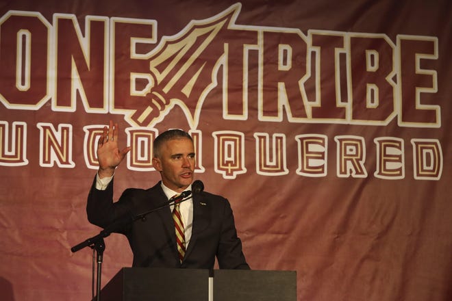 Florida State head football coach Mike Norvell speaks at his introductory press conference. Norvell has been rebuilding the Seminoles’ recruiting class ahead of Wednesday’s start to the NCAA early signing period. [AP Photo/Phil Sears]