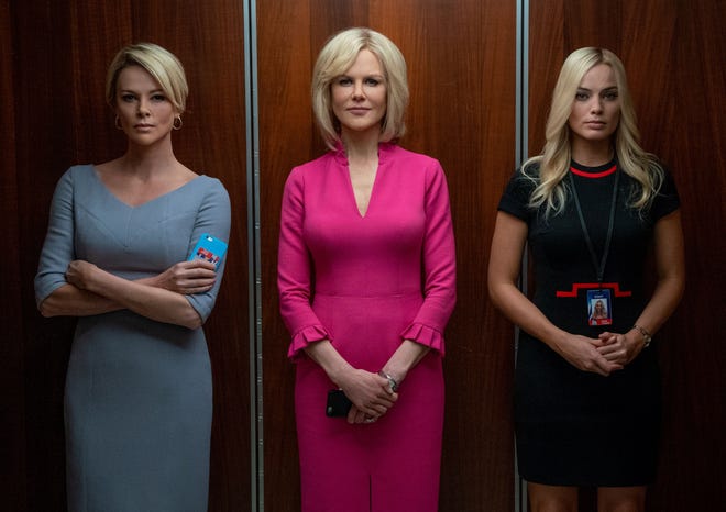 Charlize Theron, Nice Kidman, and Margot Robbie share an elevator ride in “Bombshell.” [Hilary Bronwyn]