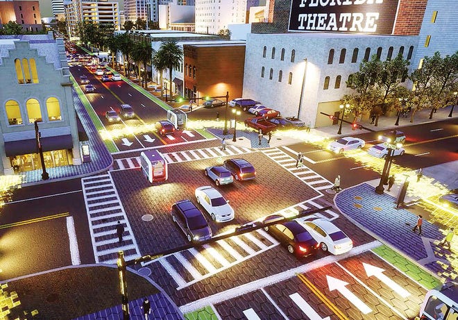 Some of the “smart city” features along the Bay Street Innovation Corridor include powering signals and lights with electricity generated in the sidewalk using solar panels. (The Bay Jax)