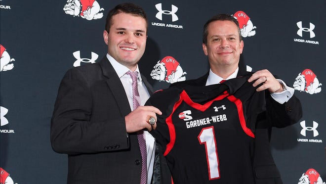 Gardner-Webb named Tre Lamb (left) as its new football coach during a Monday press conference. [TIM COWIE/GWU Photos]