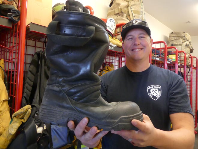 Apple Valley Fire Protection District Firefighter Jared Shepard will participate in Saturday’s “Fill the Boot” fundraiser. [RENE RAY DE LA CRUZ/DAILY PRESS]