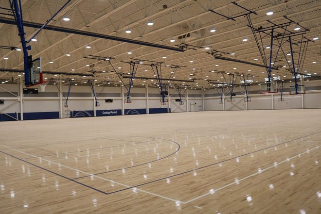 The Cedar Point Sports Center's main court area includes a total of 78,000 square feet of unobstructed maple wood flooring housing up to nine concurrent basketball courts, or up to 18 volleyball courts.