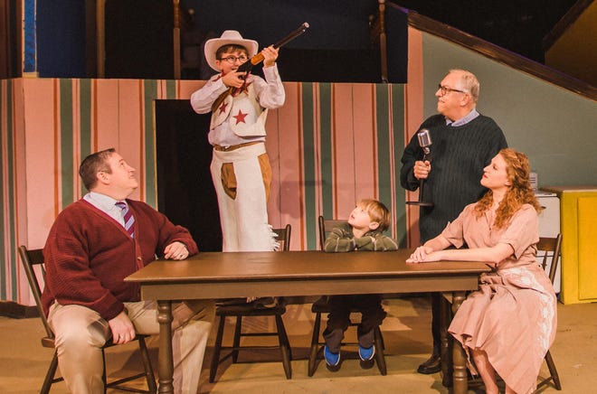 From left, the Old Man (Scott Wilson), Ralphie (Owen White), Randy (Owen Suarez), Jean Shepherd (Dennis Kohler) and Mother (Kaitlin Descutner) in the Weathervane Playhouse production of “A Christmas Story the Musical” [DiBlasio Photography]