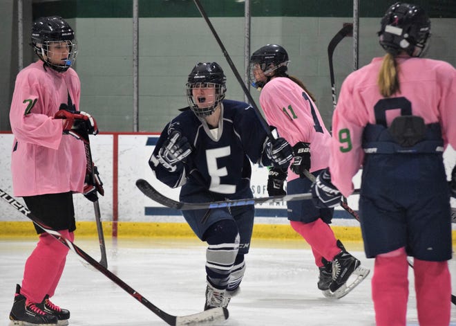 Exeter sophomore Shauna Vadeboncoeur reacts after scoring one of her five goals in a win over St. Thomas/Winnacunnet last year. Vadeboncoeur finished her freshman season with 20 goals and 17 assists. [Ryan O'Leary/Seacoastonline files]