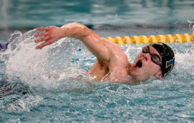 Hutchinson's Cayden Lansdowne swims in the 200 yard freestyle relay event during the Hutchinson Invitational Swim Meet at the YMCA Tuesday afternoon. Hutchinson placed 8th in the event. [Sandra J. Milburn/HutchNews]
