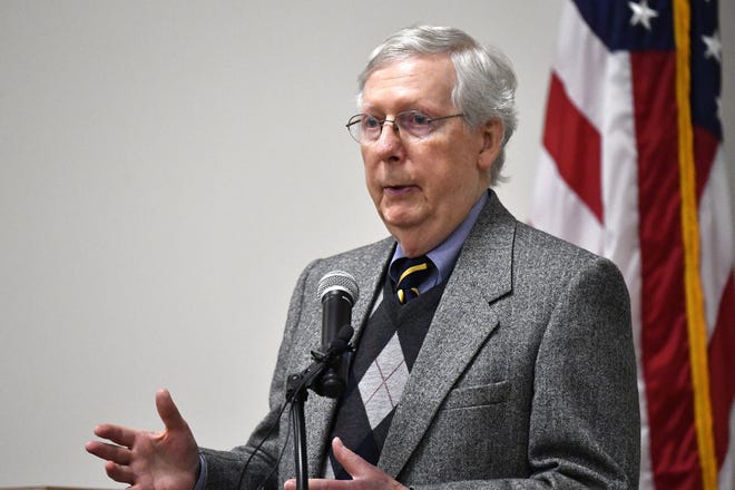 Senate Majority Leader Mitch McConnell, R-Ky., addresses members of the London-Laurel County Chamber of Commerce and the Jackson Energy Cooperative in London, Ky., Monday, Nov. 25, 2019. (AP Photo/Timothy D. Easley)