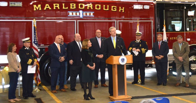 Gov. Charlie Baker announces awards for the fiscal 2020 Firefighter Turnout Gear Grant and the Washer-Extractor Grant Tuesday, Dec. 10 at the Marlborough Fire Department. [SUBMITTED PHOTO]