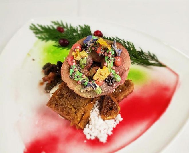 The grand finale at Restaurant's 44's Christmas dinner is figgy fantasy, with figgy pudding, a spiced meringue "wreath" and peppermint "snow." [Photo courtesy Restaurant 44]