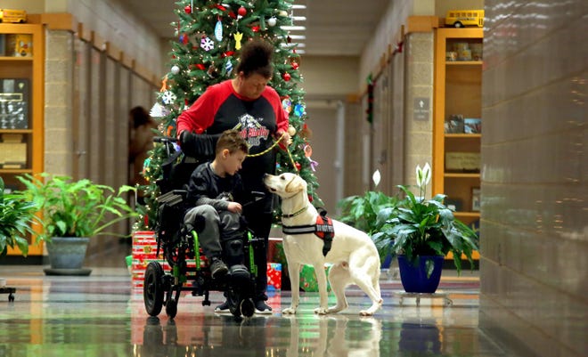 Bryson Cooper, 8, visits with grandmother Nikki Ledford and future therapy dog Houston at North Shelby School on Wednesday. [Brittany Randolph/The Star]