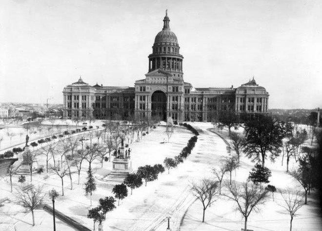 The Texas Capitol grounds under snow. No date, but by the size of the second of three sets of trees that have been planted to the south, it is the early 20th century. [Contributed by Austin History Center C06267]
