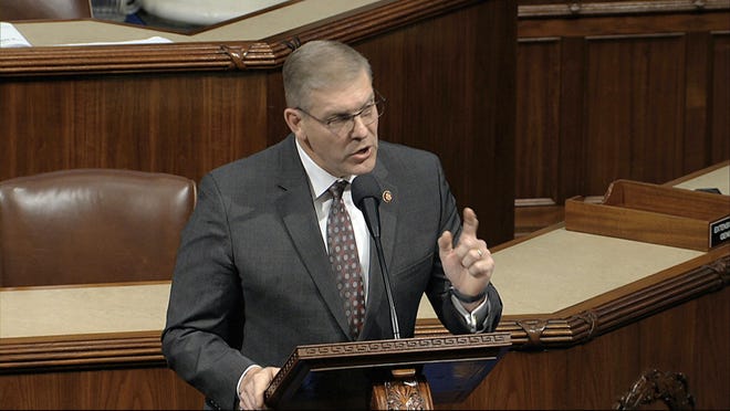 Rep. Barry Loudermilk, R-Ga., speaks as the House of Representatives debates the articles of impeachment against President Donald Trump at the Capitol in Washington, Wednesday, Dec. 18, 2019. (House Television via AP)