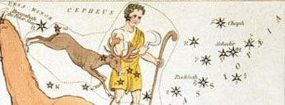 The obsolete constellations Rangifer the reindeer and Custos Messium the harvest keeper, are depicted in the northern sky. Note the “Polar Star” (the North Star of Polaris) to the right, and Cassiopeia at far right. This is from Urania’s Mirror, a set of constellation cards published in 1825 in London. [Wikimedia Commons/Public Domain]