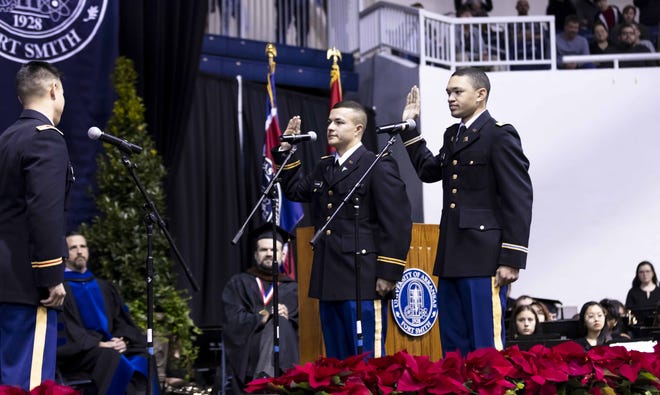 Alexander Kieran Seaborn Bond and Tyler Robbins were recemt;u commissioned officers from the University of Arkansas-Fort Smith Reserve Officers’ Training Program. [Submitted photo]
