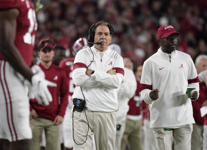Alabama Head Coach Nick Saban looks at a replay during the second half of the NCAA SEC football game between the Crimson Tide and the LSU Tigers at Bryant-Denny Stadium in Tuscaloosa on Nov. 9, 2019. [File Photo/Jake Arthur]