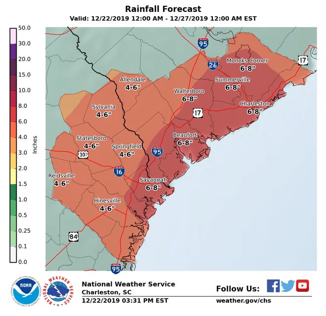 This graphic provided by the National Weather Service Charleston shows the predicted rainfall for the area through Tuesday morning. [Courtesy NWS Charleston]