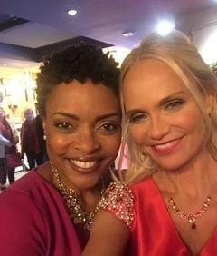Maria Howell (left) takes a selfie with Kristen Chenoweth during filming of “A Christmas Love Story.” [PROVIDED PHOTO]