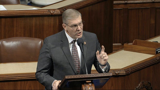 During the House impeachment debate Wednesday, Rep. Barry Loudermilk, R-Ga., compared President Donald Trump to Jesus. [HOUSE TELEVISION VIA AP]