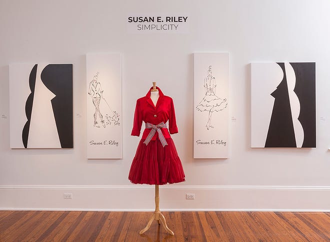 Art meets fashion in a spotlight exhibition featuring Palm Beach store owner and fashion designer Susan E. Riley. Her abstract paintings were inspired by her fashion designs, which can be seen on mannequins next to the paintings. [Photo courtesy of Susan E. Riley]