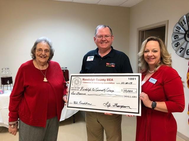 Randolph ECA presents a check for $10,000 to the Randolph Community College Foundation Pictured are, from left, ECA Scholarship Chair Lib Thompson, N.C. Cooperative Extension Service in Randolph County Director Dr. Kenneth Sherin and RCC counselor Lorie McCrosky. [Contributed photo]