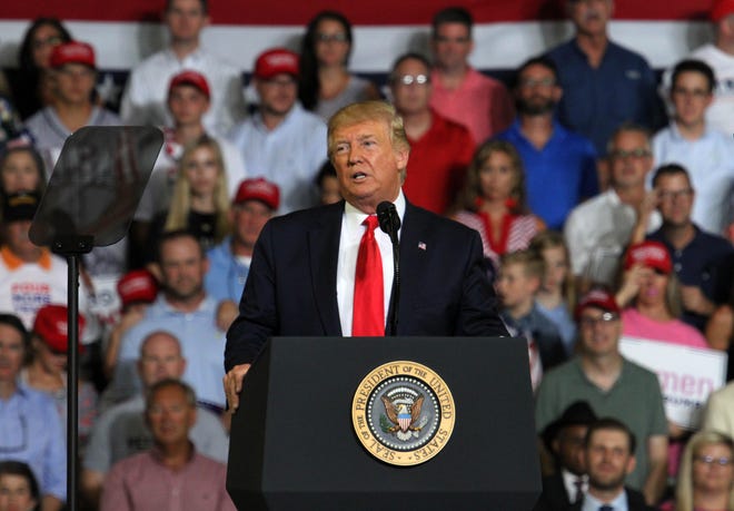 President Donald J. Trump speaks at the Trump –Keep America Great campaign rally held at Minges Coliseum at ECU in Greenville, N.C., July 17, 2019. [Gray Whitley / Gatehouse Media]