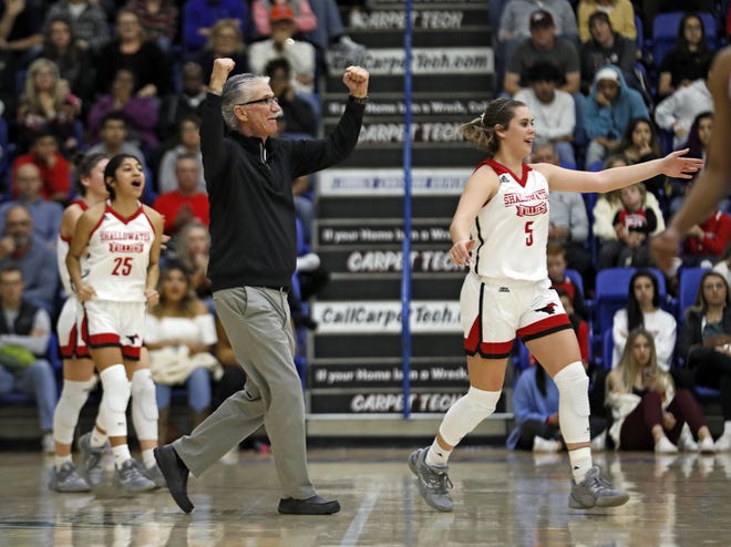 Shallowater coach Chuck Darden cheers for his team during a Chick-Fil-A bracket championship contest Saturday against Monterey in the FiberMax Caprock Classic at Lubbock Christian University’s Rip Griffin Center. The Fillies won 48-47 in overtime to improve to 22-0. [Brad Tollefson/A-J Media]