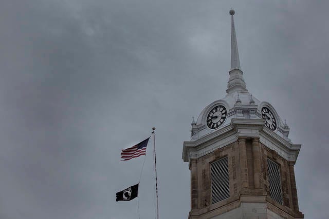 Storm clouds hang above the Maury County Courthouse clock tower on Sunday, Dec. 29, 2019. (Staff photo by Mike Christen)