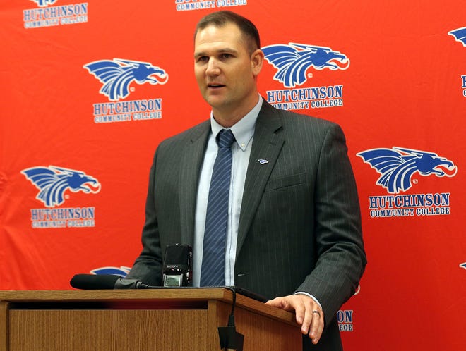 Drew Dallas talks about his new appointment as the new head football coach of the Hutchinson Community College Blue Dragons during a press conference Tuesday afternoon. Dallas was the assistant coach last year with former head coach Rion Rhoades who reigned and is moving to the University of Arkansas football program. [Sandra J. Milburn/HutchNews]