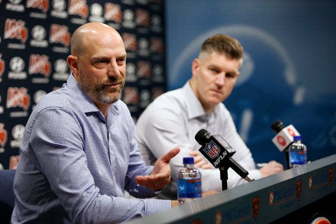Chicago Bears head coach Matt Nagy and general manager Ryan Pace speak during an NFL football press conference at Halas Hall on Tuesday, Dec. 31, 2019, in Lake Forest, Ill. (Stacey Wescott/Chicago Tribune via AP)