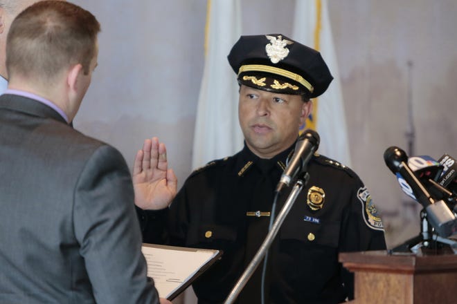 In this file photo, New Bedford Police Chief Joseph C. Cordeiro is sworn in as chief at the Whaling Museum in 2016. [PETER PEREIRA/THE STANDARD-TIMES/SCMG]