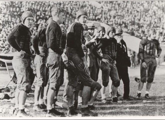 The University of Alabama’s first Rose Bowl team, led by Coach Wallace Wade, center in hat, prepares to take on heavily favored Washington on Jan. 1, 1926. The Crimson Tide, led by Johnny Mack Brown, defeated the Huskies, 20-19, to win their first national title. The win capped an undefeated season and changed the landscape of college football. [Photo courtesy of Paul W. Bryant Museum]
